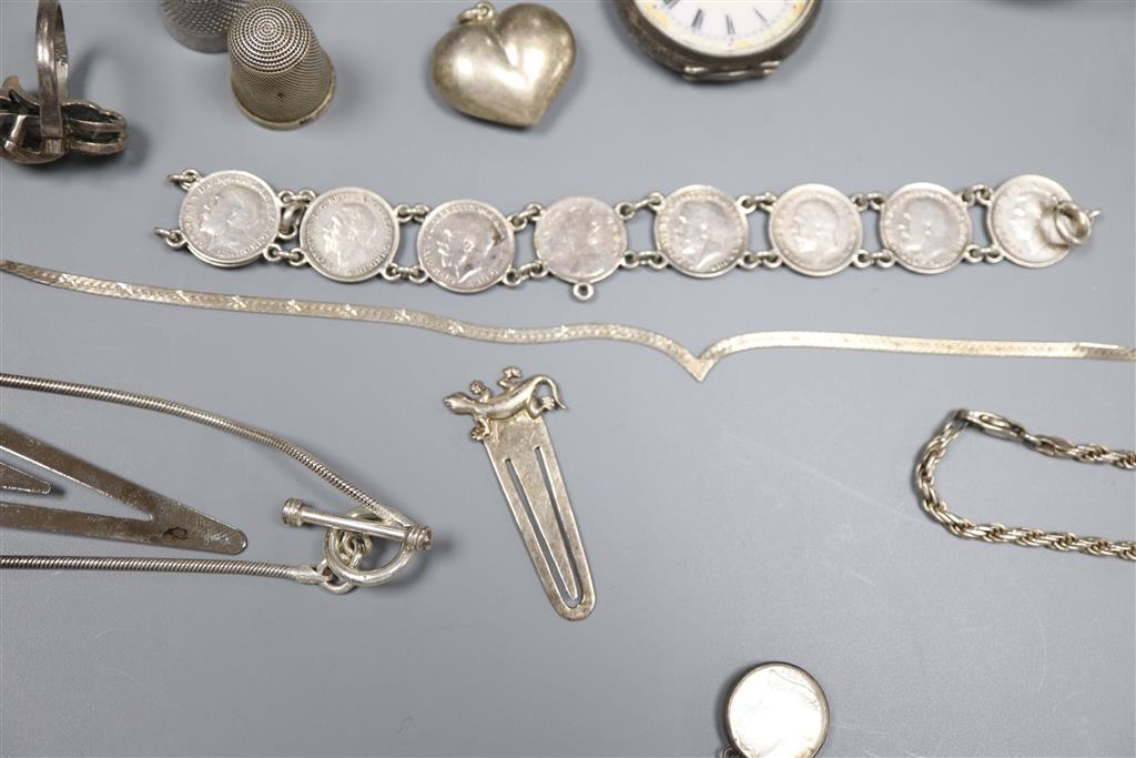 Mixed jewellery etc. including white metal bangles, owl bookmark, fob watch, bracelets etc.
